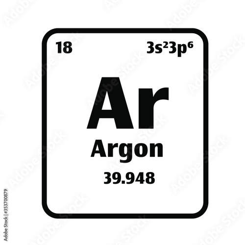 Argon (Ar) button on black and white background on the periodic table of elements with atomic number or a chemistry science concept or experiment. 