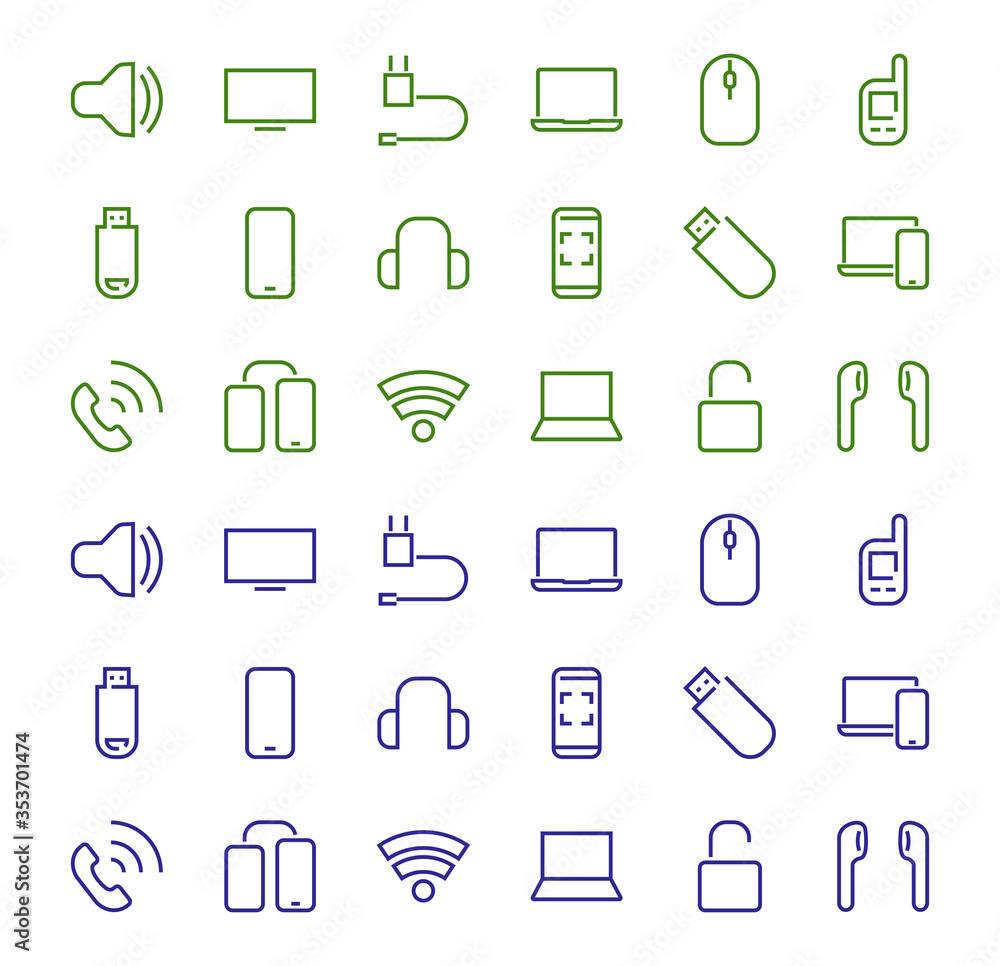 A set of smart devices and gadgets, computer hardware and electronics. Electronic devices icons for web and mobile vector lines. computer, telephone. Editable stroke. 48x48 pixels A set of smart devices and gadgets, computer hardware and electronics. Electronic devices icons for web and mobile vector lines. computer, telephone. Editable stroke. 48x48 pixels