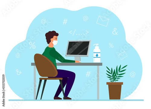 A man in a medical mask is sitting at the workplace, next to him an antiseptic. The concept of office safety and sterility in a pandemic. Care for the health of employees. Flat vector illustration.