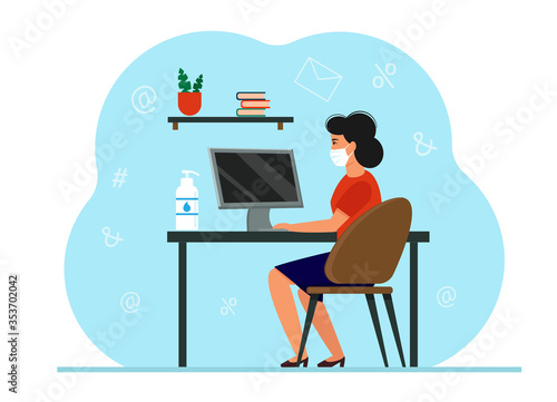 A woman in a protective medical mask is sitting at the workplace. Working in an office during a coronavirus epidemic. Protection from infection and safety in the room. Vector illustration.
