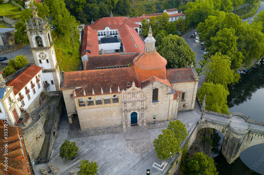 Obraz premium Amarante drone aerial view with beautiful church and bridge in Portugal at sunrise