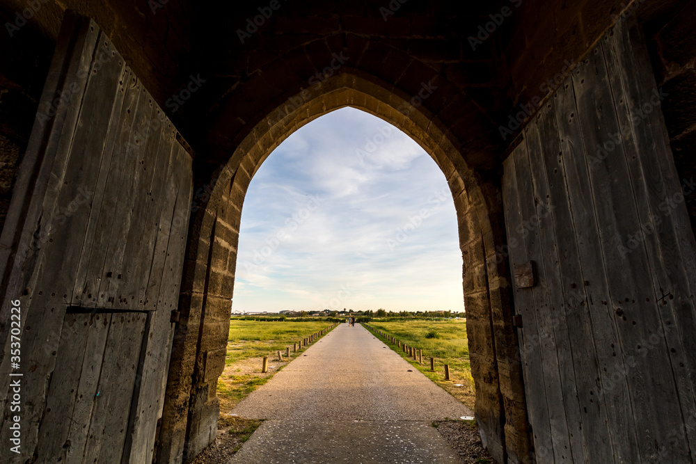 Obraz premium Vue extérieure de la porte principale des fortifications médiévales de la ville d'Aigues-Mortes (Occitanie, France)