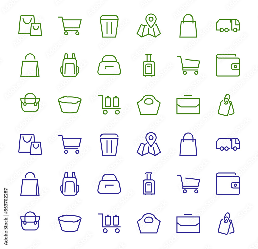 Simple set of bags, shopping and travel icons. Vector illustration Contains icons such as Card, wallet, shopping basket, discount, bowl, package. On a white background, editable stroke Simple set of bags, shopping and travel icons. Vector illustration Contains icons such as Card, wallet, shopping basket, discount, bowl, package. On a white background, editable stroke