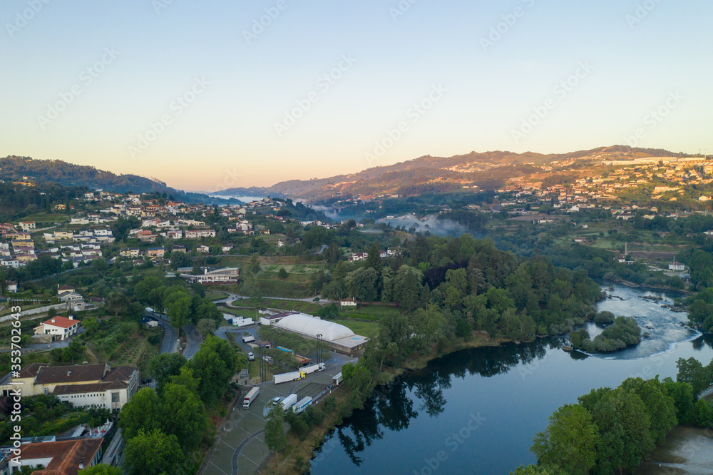 Amarante drone aerial view with of city landscape in Portugal at sunrise
