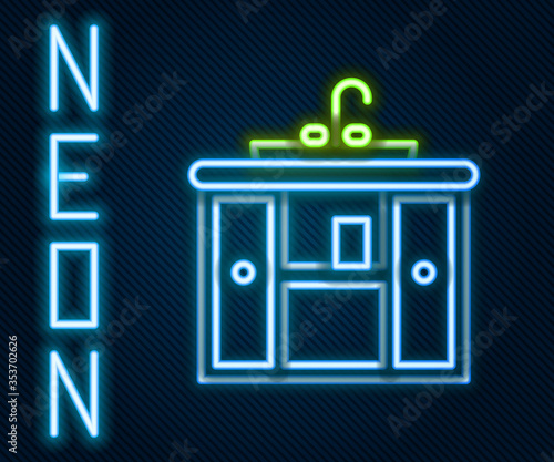 Glowing neon line Washbasin cabinet with water tap icon isolated on black background. Colorful outline concept. Vector. Illustration