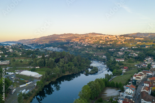 Amarante drone aerial view with of city landscape in Portugal at sunrise