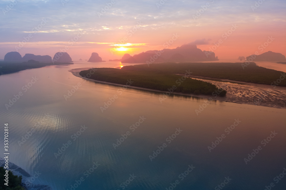 Fototapeta premium Beautiful Sunrise aerial view landscape Phang nga sam chong Thailand