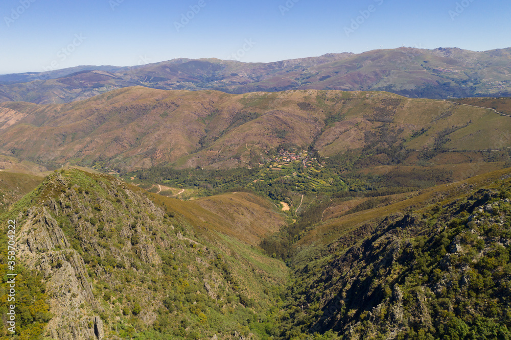 Covas do Rio drone aerial view in Serra da Freita Arouca Geopark, in Portugal Covas do Rio drone aerial view in Serra da Freita Arouca Geopark, in Portugal