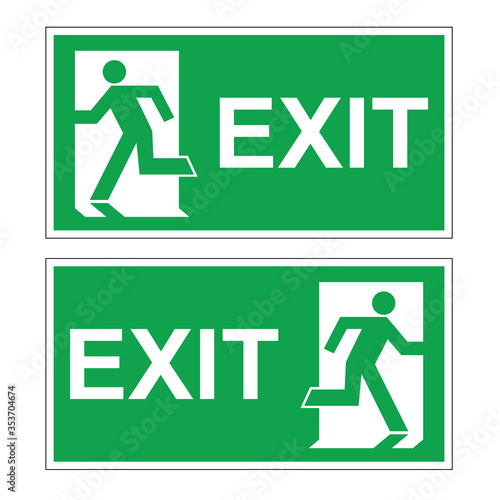 Set of two vector green evacuation signs. Fire exit right and left. Signs with text exit.