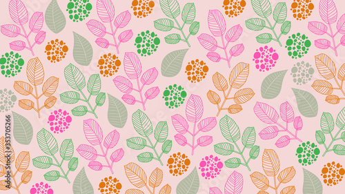 Vector template with tropical plants, exotic flowers, citrus, tropical floral colorful background. Contours.