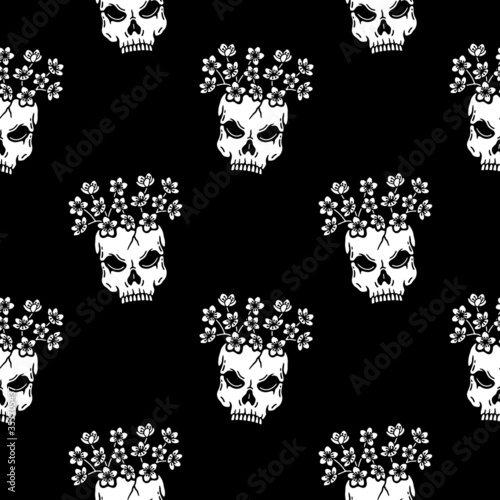 Fototapeta Naklejka Na Ścianę i Meble -  skull and flowers seamless pattern