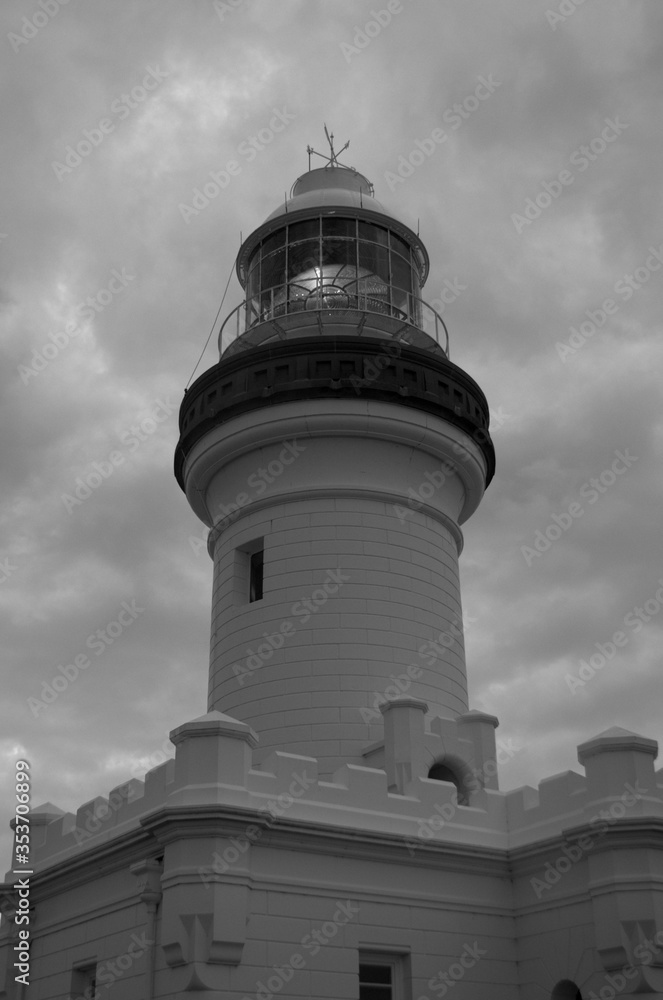 Black and white photo of Lighthouse at Byron Bay, Australia.