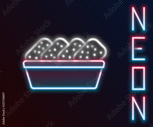 Glowing neon line Chicken nuggets in box icon isolated on black background. Colorful outline concept. Vector. Illustration