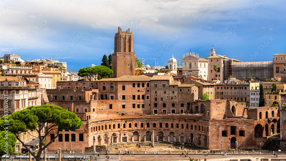 Rome cityscape with Trajan Market at the foreground in Italy.