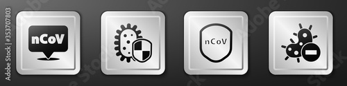 Set Corona virus 2019-nCoV on location, Shield protecting from virus, Shield protecting from virus and Negative virus icon. Silver square button. Vector.