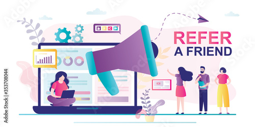 Refer a friend concept banner. Friend Sharing Referral Code. Businesswoman use megaphone and laptop.