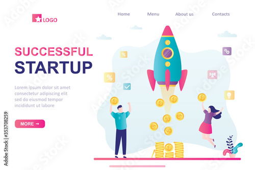 Successful startup landing page template. Happy businesspeople. Developers or investors with gold coins.
