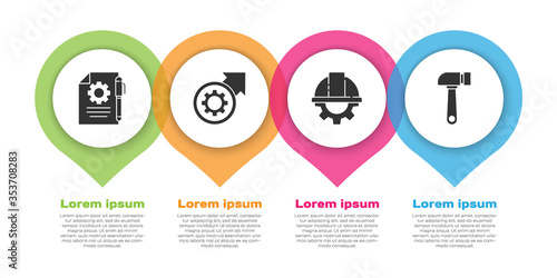 Set Document settings and pen, Gear and arrows as workflow process, Worker safety helmet and gear and Hammer. Business infographic template. Vector.