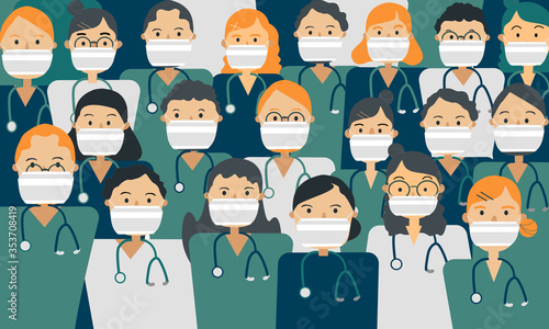 Character of cartoon doctor group standing with facial mask. We are fighting together concept.
