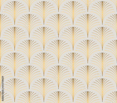 Vintage style elegant floral art deco repeat fan pattern/stylized palm leaf in golden metallic gradient on light background. Seamless art deco fan pattern.