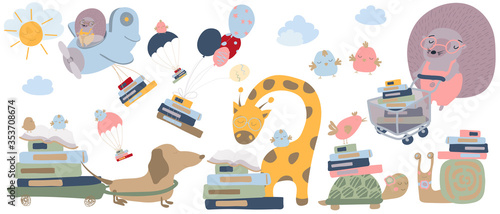 Set of vector animals. Animals read books. Hedgehog and dog are carrying a stack of books. Cartoon style flat illustration. For printing postcards, flyers, posters, textiles. Isolate. White background