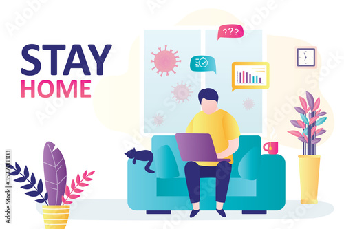 Stay home banner template. Businessman or freelancer work online, telework. Quarantine or self-isolation.