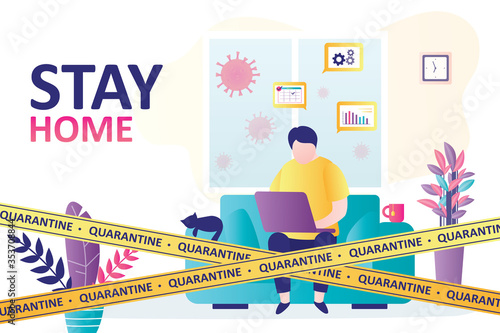 Stay home banner template. Businessman or freelancer work online, telework. Self-isolation, Quarantine warning tapes.