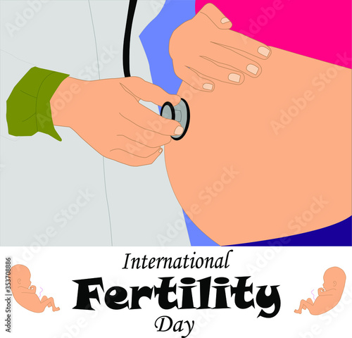 Fertilidad, ilustración de una mujer embarazada atendida por un médico que escucha el latido de su bebé
