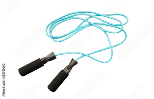 Blue skipping rope or jump rope isolated on white background, top view