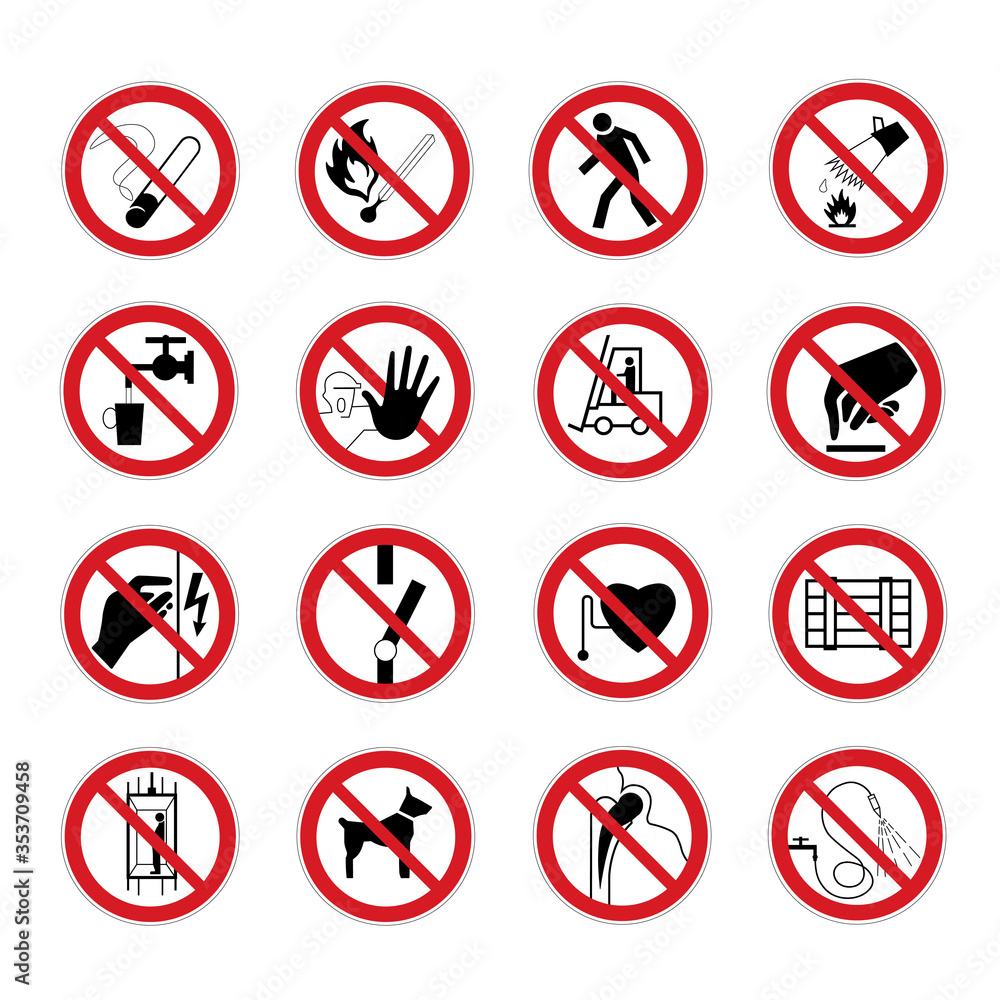 Vector collection of 16 prohibiting signs isolated on white background. Red sign on a white background with a crossed out line. Vector collection of 16 prohibiting signs isolated on white background. Red sign on a white background with a crossed out line.