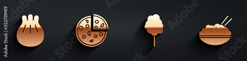 Set Khinkali on cutting board, Pizza, Cotton candy and Rice in a bowl with chopstick icon with long shadow. Vector.