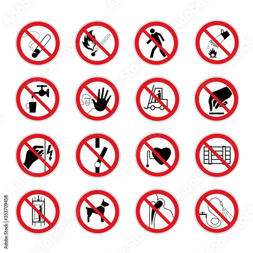 Free Download Vector collection of 16 prohibiting signs isolated on white background. Red sign on a white background with a crossed out line. - GFXLoad