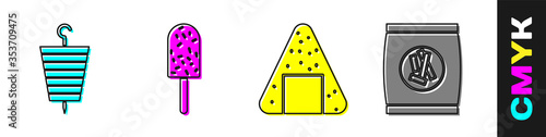 Set Grilled shish kebab, Ice cream, Onigiri and Hard bread chucks crackers icon. Vector.