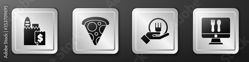 Set Online ordering and delivery, Slice of pizza, Online ordering and delivery and Online ordering and delivery icon. Silver square button. Vector.