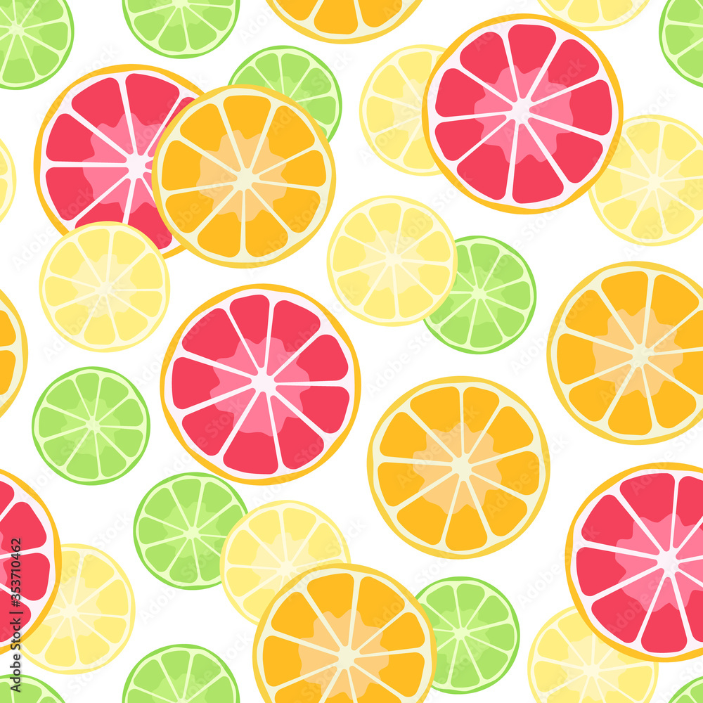 Colourful citrus fruits slices seamless pattern on transparent background. 