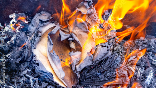 Burnt pages of a book on the fire. Burning books