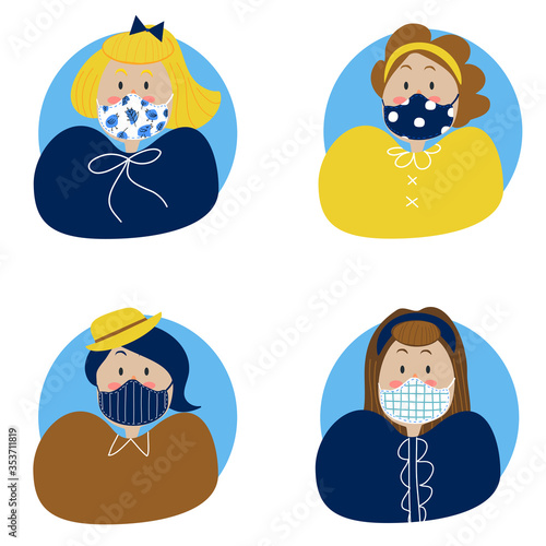 Cute character woman wearing fashion medical mask on white background.