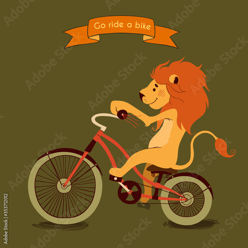 Trip. Happy lion rides his a red bike, illustration