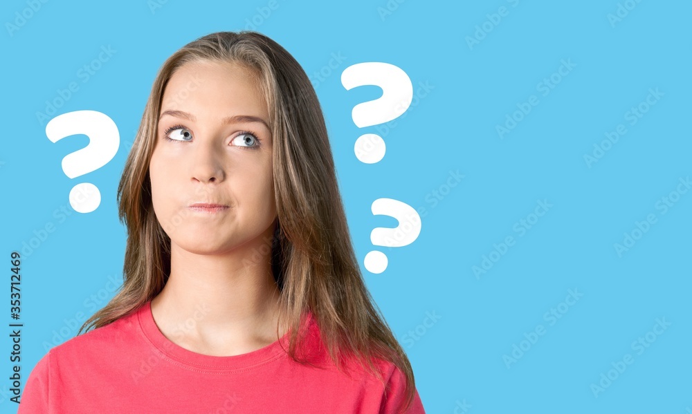 Question sign with a beautiful alarmed woman on pastel background Question sign with a beautiful alarmed woman on pastel background