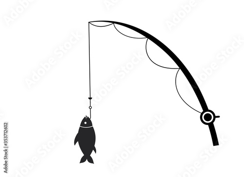 Flat black icon of fishing rods and fish on the hook, catch, hobby, sport, passion. Fishing and recreation.