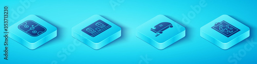 Set Isometric Air hockey table, Hockey mechanical scoreboard, Planning strategy and Ice resurfacer icon. Vector.