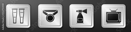 Set Crutch or crutches, Medal, Air horn and Retro tv icon. Silver square button. Vector.