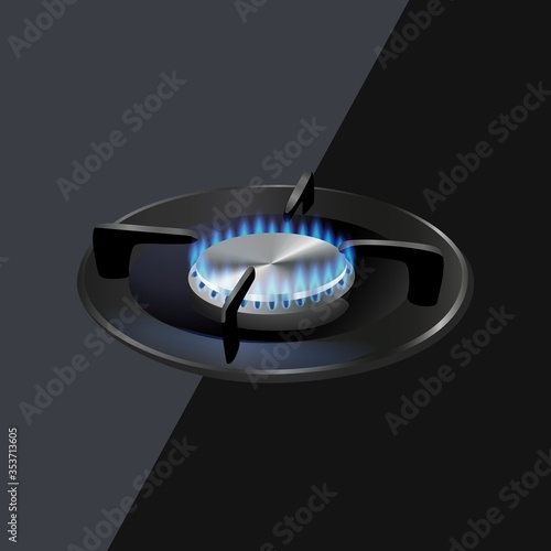 3d modern gas burner with blue flame, black steel grate.