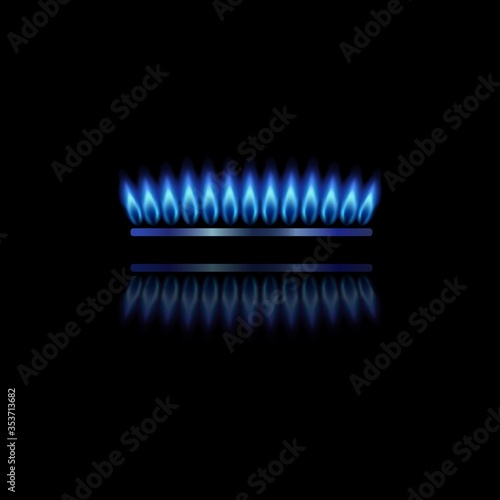 Modern gas burner with blue flame and reflection. Front view gas burner ring.