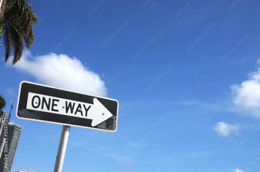 Road sign on a background of blue sky in an exotic country. Close-up. Palm trees, blue sky. Exterior Elements Road sign on a background of blue sky in an exotic country. Close-up. Palm trees, blue sky. Exterior Elements