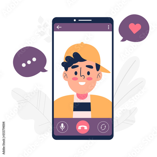 Flat design young man on a video call stock vector illustration
