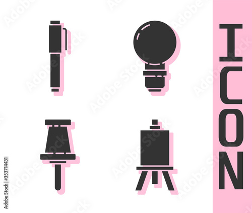 Set Easel or painting art boards, Pen, Push pin and Light bulb icon. Vector.