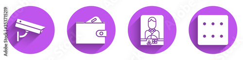 Set Security camera, Wallet with money, Casino dealer and Game dice icon with long shadow. Vector.