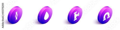 Set Isometric Water meter, Water drop, Industry metallic pipe and Industry metallic pipe icon. Vector.