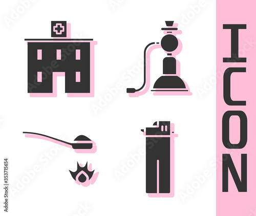 Set Lighter, Medical hospital building, Heroin in a spoon and Hookah icon. Vector.